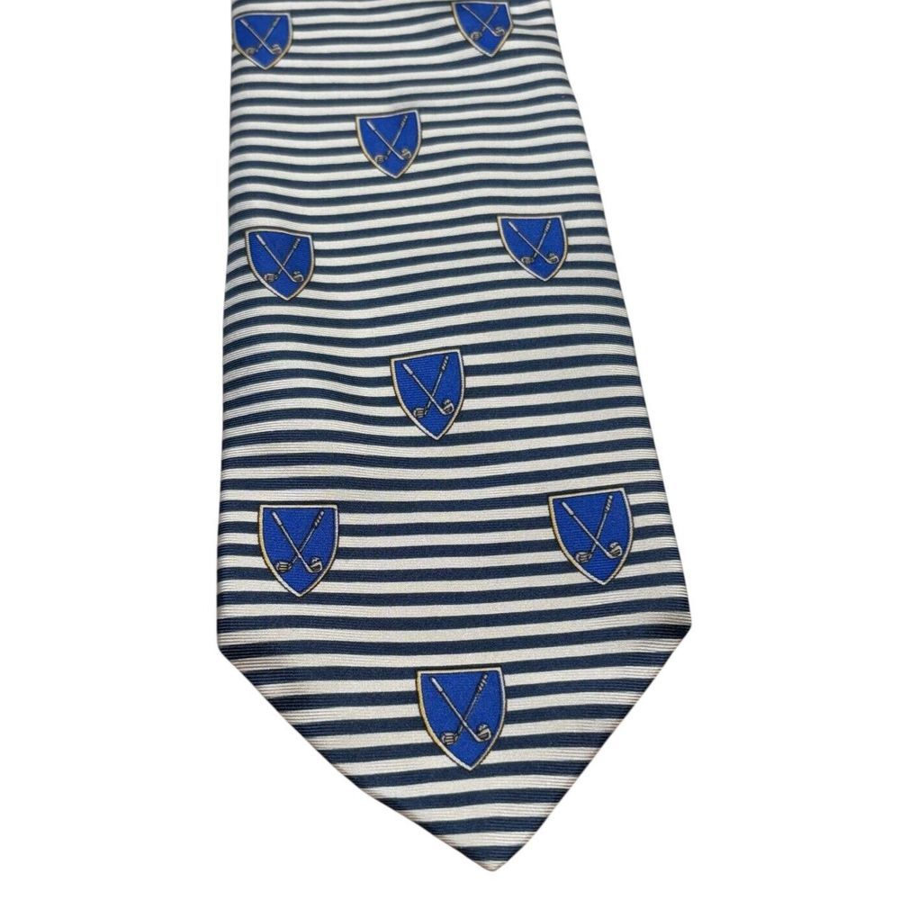 Brooks Brothers Makers Tie Golf‎ Club Shield Striped White Black Stripe Silk